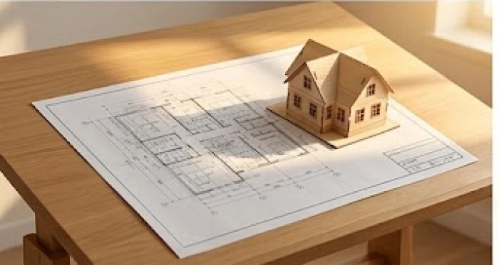Bản vẽ thiết kế kiến trúc và mô hình nhà ở được đặt ngay ngắn trên bàn gỗ làm việc