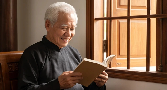 Cụ ông Nhâm Ngọ 86 tuổi thần thái minh mẫn ngồi đọc sách dưới ánh sáng tự nhiên bên hiên nhà yên tĩnh