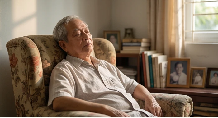 Cụ ông sinh năm 1944 đang nhắm mắt nghỉ ngơi trên chiếc ghế tựa trong không gian phòng khách tĩnh lặng
