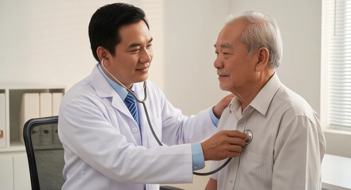 Bác sĩ chuyên khoa khám và tư vấn tim mạch định kỳ cho cụ ông Bính Tuất để phòng hạn Huỳnh Tuyền