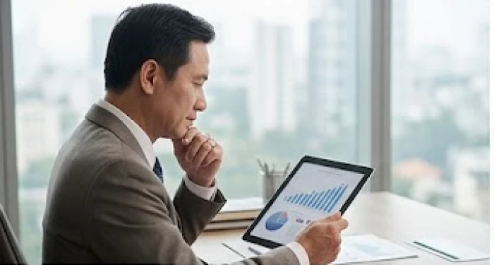 Doanh nhân nam mạng 1975 quyết đoán xem xét biểu đồ tài chính trong văn phòng hiện đại