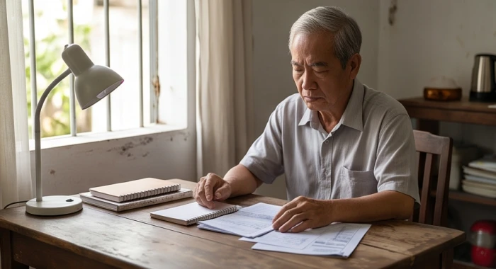 Người đàn ông lớn tuổi đang ngồi xem sổ sách gia đình, nét mặt nghiêm nghị thể hiện vai trò trụ cột vững chắc
