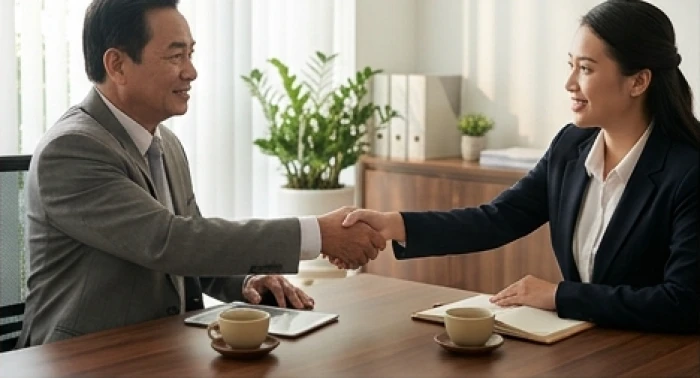 Hai doanh nhân nam thảo luận hợp tác vui vẻ trong không gian phòng khách mang đậm nét truyền thống