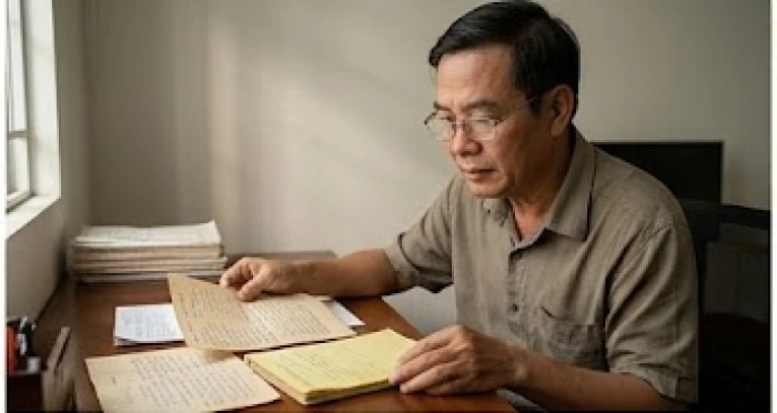 Người đàn ông trung niên đang trầm ngâm xem sổ sách gia đình thể hiện vai trò trụ cột vững chắc của nam Bính Ngọ