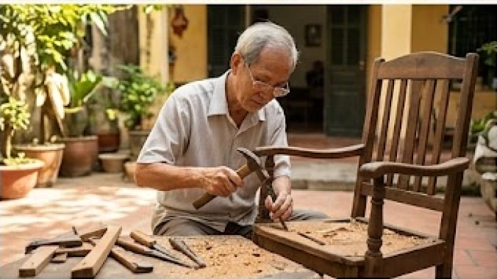 Người đàn ông cao tuổi đang tập trung cẩn thận sửa chữa lại chiếc ghế gỗ cũ trong góc sân nhà