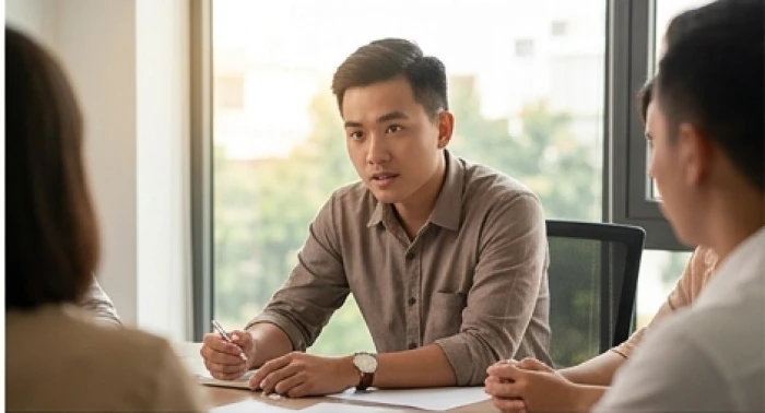 Nam mạng Bính Tuất thể hiện sự tập trung cao độ khi thảo luận và xử lý dự án cùng đồng nghiệp