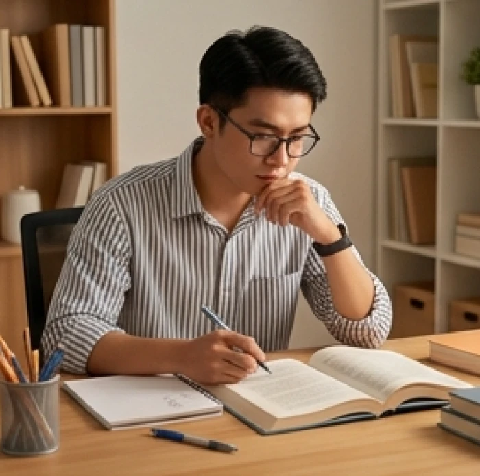 Nam sinh viên tuổi Bính Tuất tự tin ôn thi chuyên sâu tại góc bàn học tĩnh lặng và đầy đủ tài liệu