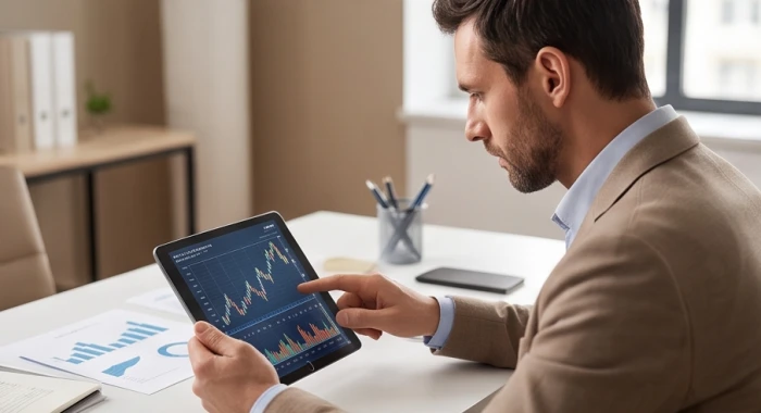 Người đàn ông phân tích biểu đồ tài chính thể hiện tư duy thực tế và logic trong công việc