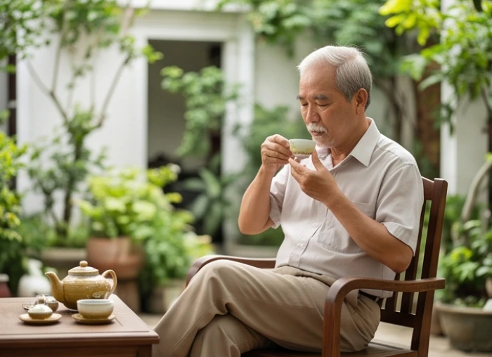 Nam mạng tuổi Đinh Dậu tĩnh tâm thư giãn bên tách trà, giữ tinh thần thư thái để hóa giải sao Kế Đô