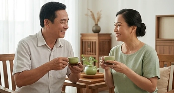 Cặp vợ chồng trung niên vui vẻ cùng nhau pha trà và trò chuyện trong phòng khách ấm áp