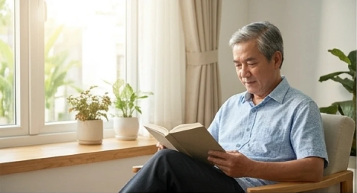 Người nam tuổi Giáp Thìn tĩnh tâm đọc sách bên khung cửa sổ đón ánh nắng ấm áp buổi sáng