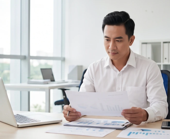 Doanh nhân nam tuổi giáp tuất tự tin phân tích hồ sơ chiến lược kinh doanh trong không gian làm việc độc lập hiện đại