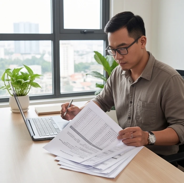 Người đàn ông đang kiểm tra hồ sơ vận chuyển hàng hóa trên bàn làm việc trong môi trường văn phòng