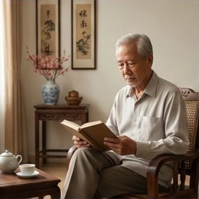 Người đàn ông lớn tuổi trầm ngâm đọc sách trong không gian yên tĩnh tách biệt với bên ngoài