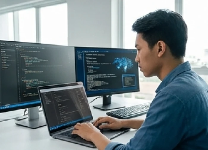 Nam sinh viên ngành kỹ thuật đang thử nghiệm thuật toán trí tuệ nhân tạo trên máy tính