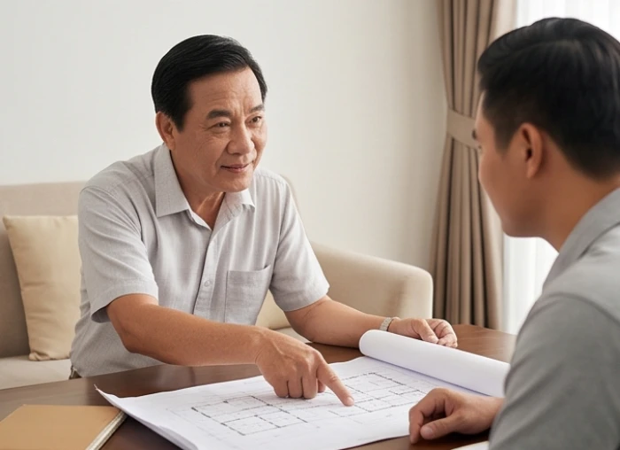Người cha 64 tuổi hào hứng chia sẻ kinh nghiệm và đóng góp ý kiến cho con trai bên bàn trà gia đình