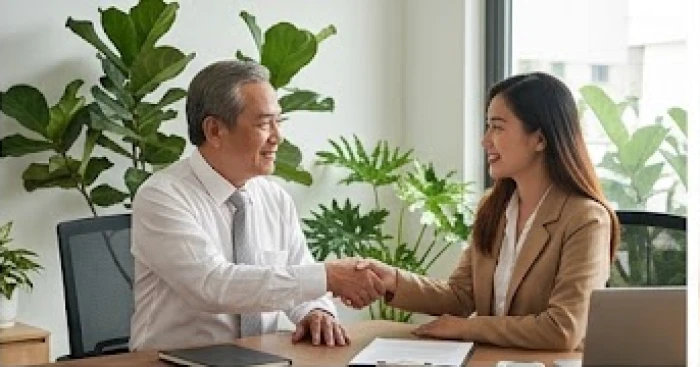 Hai đối tác làm ăn trao đổi công việc thuận lợi trong không gian văn phòng hiện đại bồi đắp tài lộc