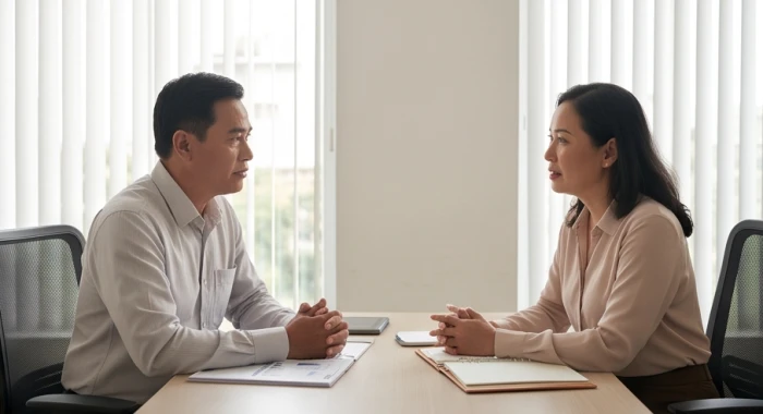 Hai đồng nghiệp nam và nữ tuổi Bính Thìn 1976 cùng trao đổi công việc ôn hòa trong phòng họp trang nhã