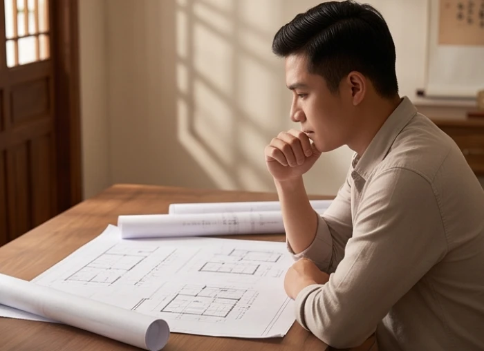Người đàn ông trưởng thành đang đứng trầm ngâm suy nghĩ trước bản vẽ thiết kế kiến trúc trên bàn.