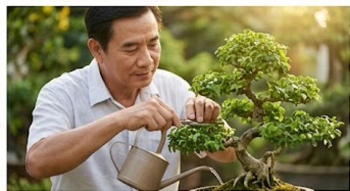 Nam mạng tuổi Quý Mão 1963 chăm sóc chậu cây xanh trong vườn nhà để tìm kiếm sự thư thái và tự cân bằng tâm lý