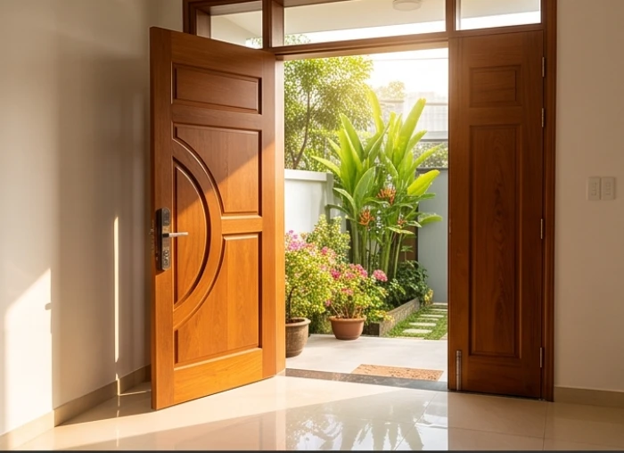 Cửa chính làm bằng gỗ mở rộng về hướng Đông đón luồng sinh khí tốt lành cho nam mạng tuổi Tân Mùi