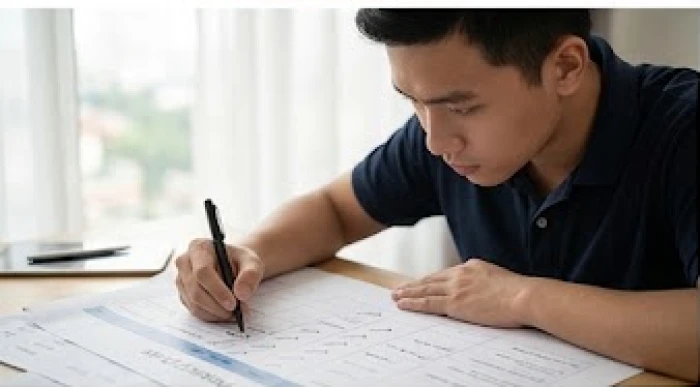 Nam giới tuổi Tân Tỵ tập trung lập kế hoạch và phân tích số liệu trên bàn làm việc cá nhân