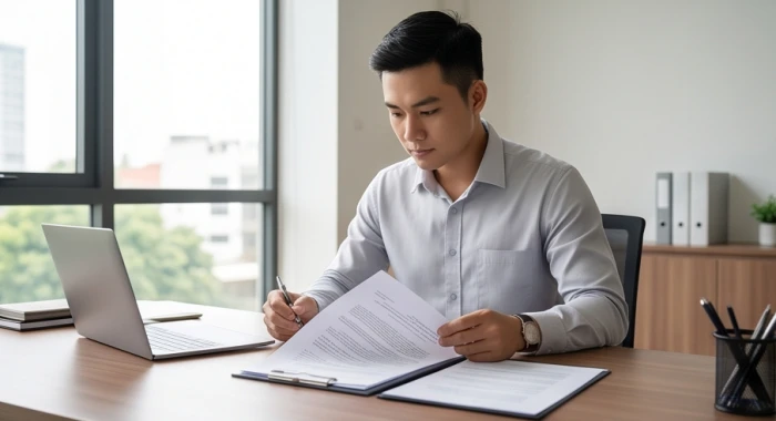 Nam doanh nhân Tân Tỵ 2001 tập trung rà soát hồ sơ công việc trên bàn làm việc hiện đại