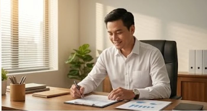 Nam doanh nhân Việt Nam tự tin làm việc tại văn phòng tràn ngập ánh sáng thể hiện sự quyết đoán và thành đạt