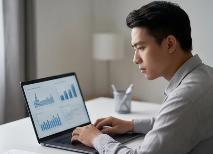 Nam thanh niên tập trung phân tích số liệu trên máy tính thể hiện tư duy nhạy bén của nam mạng tuổi ất dậu 2005