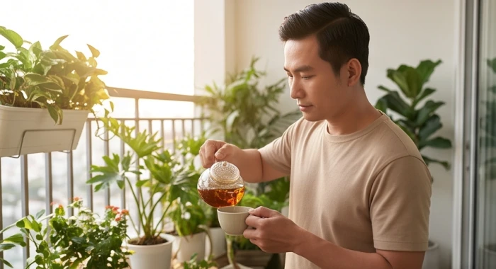 Người đàn ông tuổi Dần tĩnh tâm pha trà tại ban công ngập nắng để thư giãn tinh thần sau công việc