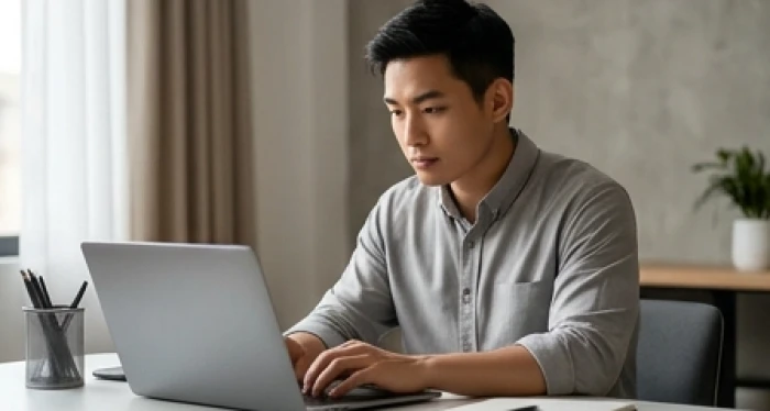 Nam thanh niên tập trung cao độ giải quyết công việc trên máy tính xách tay với vẻ mặt điềm tĩnh