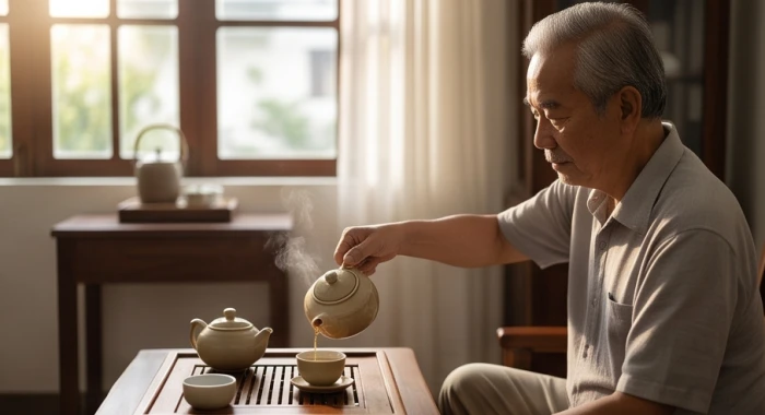 Người đàn ông cao tuổi sinh năm 1953 ngồi thư thái bên ấm trà nóng trong không gian yên tĩnh