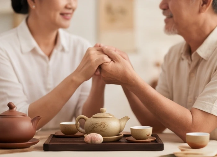 Đôi vợ chồng hạnh phúc thưởng thức trà chiều thể hiện gia đạo êm ấm của nam 1968