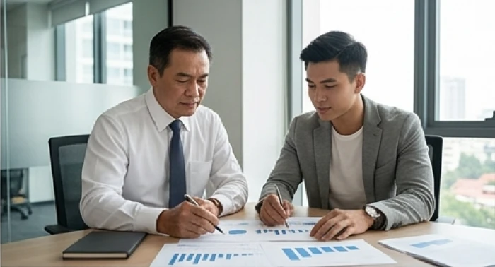 Hai nam đồng nghiệp với phong cách chững chạc và năng động đang cùng thảo luận kế hoạch kinh doanh