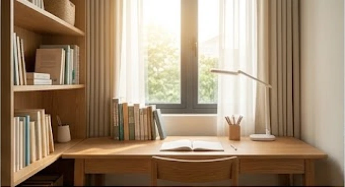 Bàn học bằng gỗ đặt tại hướng Đông đón ánh sáng tự nhiên cho bé trai cung Ly