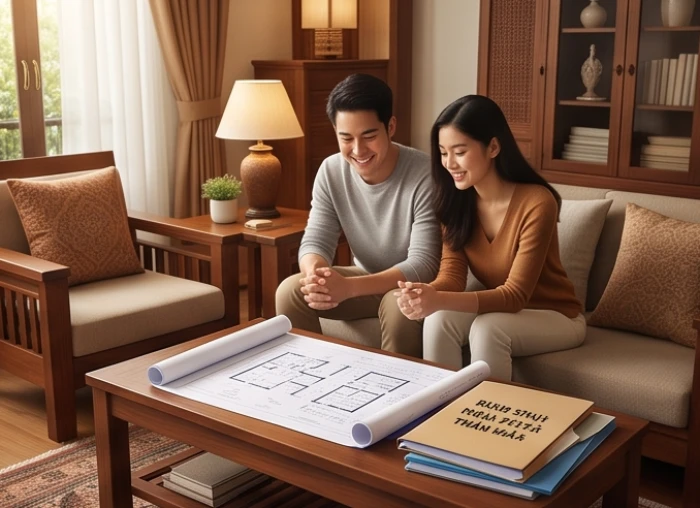 Cặp vợ chồng trẻ châu Á đang vui vẻ cùng nhau xem xét các bản vẽ kế hoạch tương lai trong không gian phòng khách ấm cúng