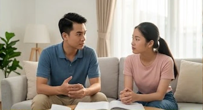 Hai anh em học sinh Canh Dần cùng trò chuyện tại phòng khách thể hiện sự khác biệt tính cách giữa nam và nữ mạng