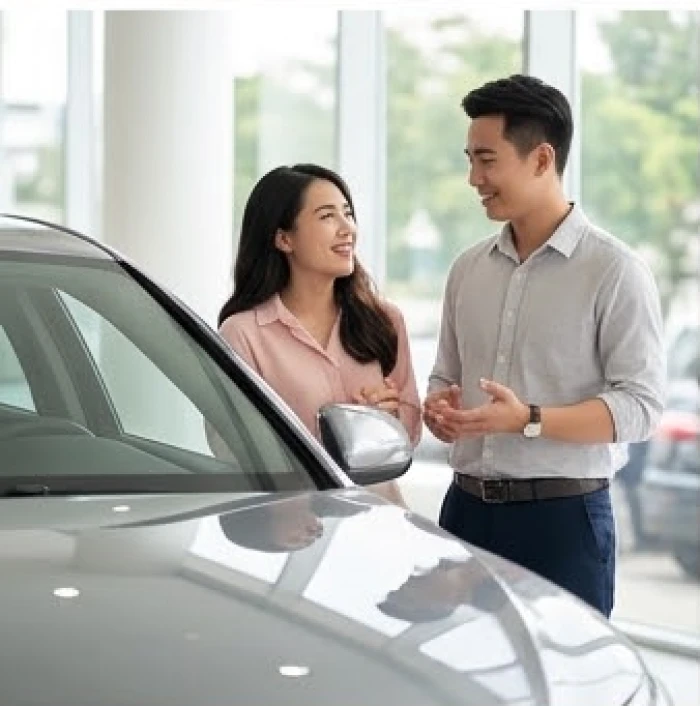 Hai vợ chồng trẻ đang thảo luận vui vẻ bên cạnh chiếc ô tô mới mua tại showroom