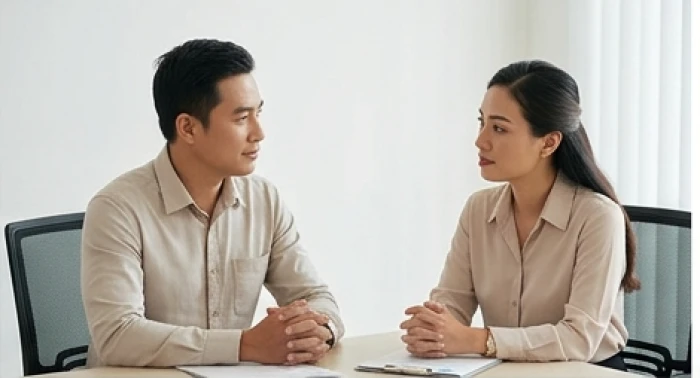 Đồng nghiệp nam và nữ đinh mão 1987 thảo luận nhẹ nhàng để giải quyết bất đồng quan điểm tại công sở