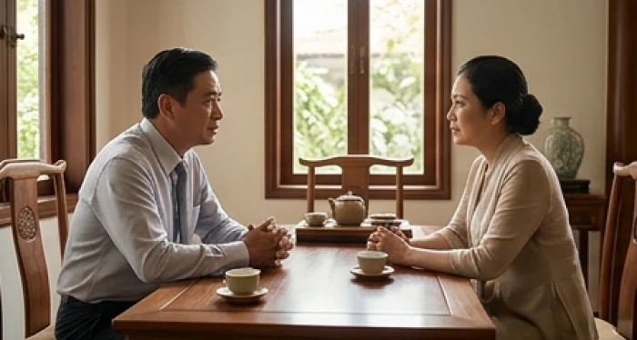 Cuộc trò chuyện điềm đạm giữa nam và nữ trung niên thể hiện sự khác biệt tâm lý tuổi Kỷ Dậu trong cuộc sống