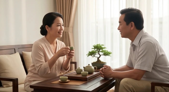 Nam và nữ giới tuổi Canh Tý trò chuyện hòa nhã trong không gian phòng trà truyền thống ấm áp
