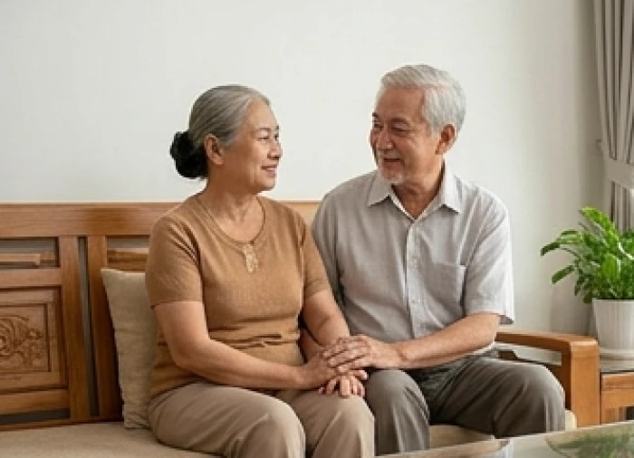 Cụ ông và cụ bà tuổi Mậu Tý 1948 cùng ngồi trò chuyện thư thái trên bàn trà phòng khách gia đình