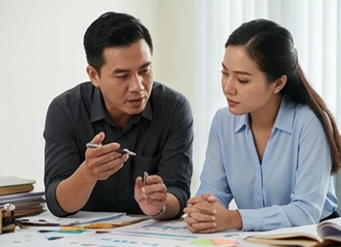 Hai đồng nghiệp nam và nữ đang trao đổi công việc thể hiện sự khác biệt rõ rệt trong tư duy quản lý