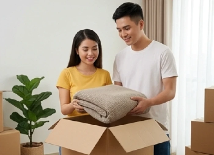 Đôi vợ chồng trẻ sinh năm 2003 đang cùng nhau sắp xếp lại đồ đạc trong căn hộ nhỏ đầu tiên của mình