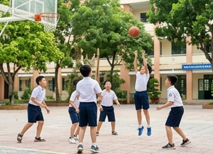 Nam sinh tham gia hoạt động thể thao ngoại khóa cùng bạn bè với tinh thần đồng đội mạnh mẽ và thoải mái