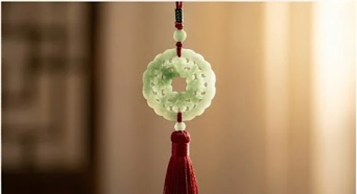 Chiếc khánh ngọc bội đính tua rua đỏ mang ý nghĩa phước lành và sự trường thọ