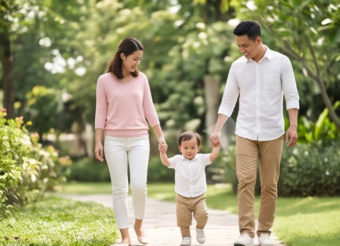 Bố mẹ tận hưởng khoảnh khắc bình yên bên con cái mang mệnh tương sinh giúp cân bằng từ trường năng lượng gia đình