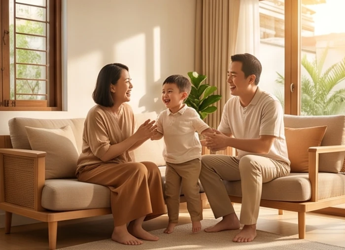 Bố mẹ và con cái quây quần hạnh phúc bên nhau trong phòng khách phản ánh sự hòa hợp ngũ hành và tam hợp