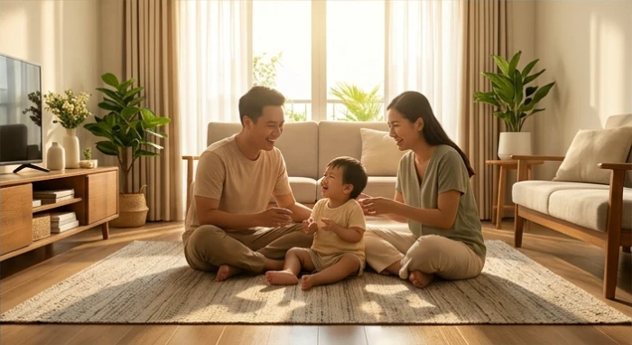 Gia đình trẻ hạnh phúc quây quần vui đùa cùng con nhỏ trong phòng khách ngập tràn ánh sáng