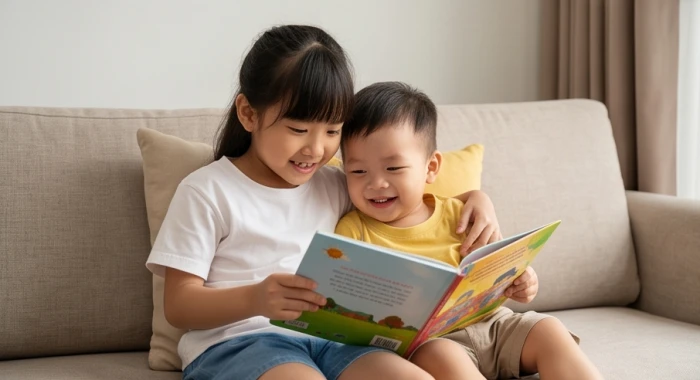 Bé gái Đinh Dậu 2017 ân cần đọc sách và vui đùa cùng em bé nhỏ trong phòng khách ấm cúng